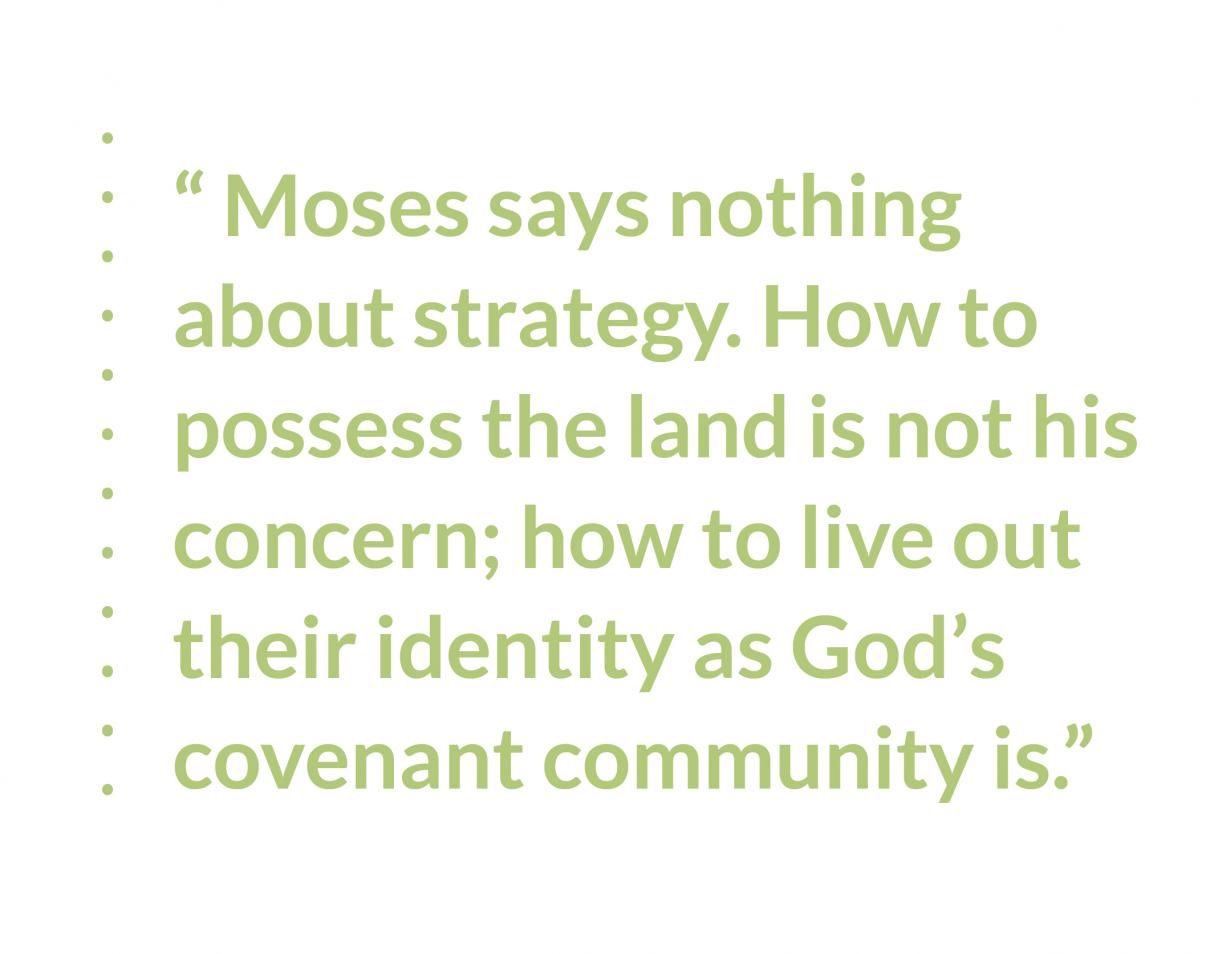 Quote: Moses says nothing about strategy. How to possess the land is not his concern; how to live out their identity as God’s covenant community is.
